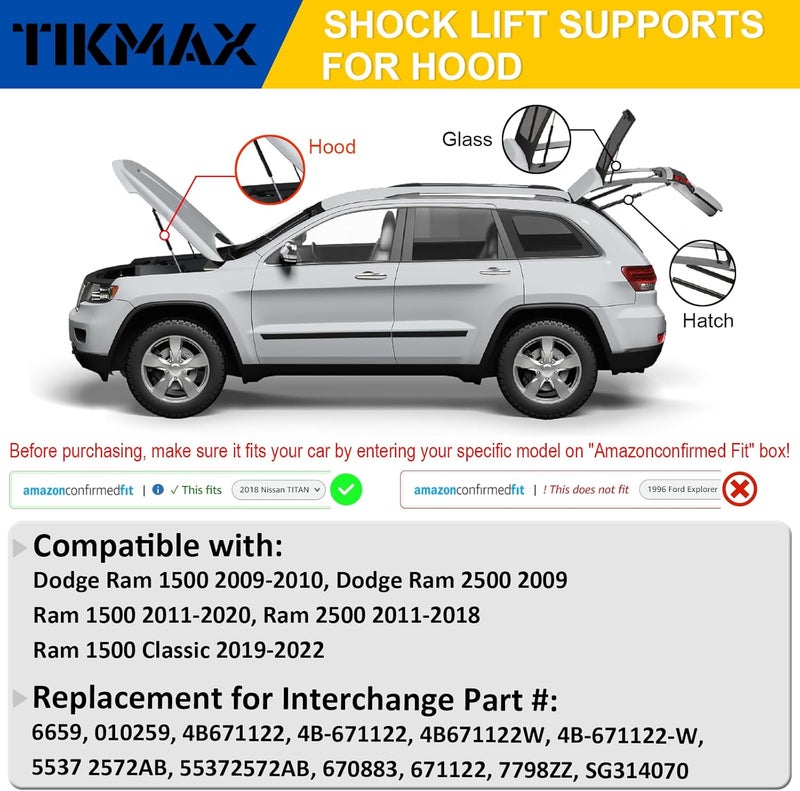 TIKMAX Front Hood Gas Struts for Dodge Ram 1500 2009-2020, Ram 2500 2009-2018, Classic 2019-2022, Replaces 6659 010259 4B671122 4B-671122 SG314070 Shocks Lift Supports Gas Springs, 2 Pcs - Image 4